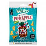 A photo shows ten identical 30g Wallaroo packets arranged in two rows. Each white-and-green packet has the Wallaroo logo, a clear window revealing golden dried pineapple chunks and a small pineapple illustration; organic and nutritional icons appear along the packaging edges.