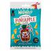 A photo shows ten identical 30g Wallaroo packets arranged in two rows. Each white-and-green packet has the Wallaroo logo, a clear window revealing golden dried pineapple chunks and a small pineapple illustration; organic and nutritional icons appear along the packaging edges.