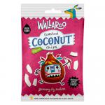 Bright matte packet labeled Wallaroo Organic Toasted Organic Coconut Chips shows a clear window revealing toasted coconut flakes. The 30g pouch features green and cream branding, a small organic logo, product name text and simple illustrations of coconut halves and palm leaves. With studio lighting.