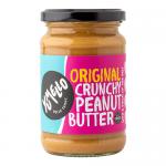 Six identical 285g Yumello Crunchy Peanut Butter jars sit together, each clear jar showing golden-brown peanut butter with visible crunchy peanut pieces. Bright branded labels wrap the jars and screw-top lids finish the simple, neatly arranged product display.