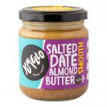 Six clear glass jars of Yumello Salted Date Almond Butter sit in a neat row; warm amber-brown spread shows creamy texture through the glass, each jar capped with a metallic lid and labeled with date and almond artwork.