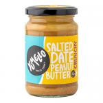 Six identical 285g jars of Yumello Crunchy Salted Date Peanut Butter sit in a neat pack. Each clear jar reveals chunky, caramel-brown spread studded with peanut pieces and dark date flecks; glossy lids and colorful Yumello labels finish the uniform display. Labels feature a bold logo and clear text.