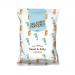 A glossy 100g bag labeled Dreamers Popcorn features a bold logo on a two-tone background of pastel pink and deep navy. Illustrated popcorn kernels and sugar crystals surround a clear window showing light golden sweet-and-salty popped kernels. Small text lists ingredients.