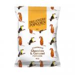 Photo shows a stack of 24 small 40g bags and an open bag spilling popcorn. Pops are glossy caramel and milk-chocolate coated, with drizzled chocolate ribbons and golden caramel sheen. Bright branded bags display the Dreamers Popcorn logo and snack imagery.