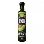 Six identical 250ml glass bottles of Hunter & Gather extra virgin avocado oil sit in a neat row. Each bottle shows pale green oil, a black screw cap and a minimalist white label bearing the Hunter & Gather logo and a stylized avocado illustration against a plain backdrop. With soft lighting & sheen.