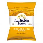 A stacked display shows ten Fairfields Farm Cheese & Onion crisps packets in glossy green packaging. Bold yellow logo sits above an illustrated wheat motif and sliced cheese and onion images. Individual 150g bags reflect studio lighting and cast soft shadows on a white background. Satin sheen across