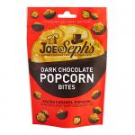The image shows a 63g packet of Joe & Seph’s Dark Chocolate Popcorn Bites. A matte pouch features the brand logo and dark brown, cream accents; glossy, chocolate-coated popcorn clusters appear through a clear window.