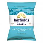 A small 40g bag of Fairfields Farm Lightly Salted crisps sits upright against a plain background. The pale-green packet features the Fairfields Farm logo, simple illustrations of potatoes and a salt shaker, and a clear product name. Crinkle texture suggests thin, airy crisps. Soft shadows and sheen.