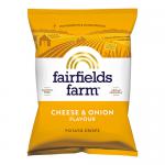 Image shows 36 Fairfields Farm Cheese & Onion 40g crisp packs arranged in a neat display. Bright yellow and green bags feature a farmhouse illustration, the bold product name and a photo of crinkle crisps with cheese and onion graphics.