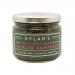 Six clear glass jars of Dylan's Pickled Samphire sit in two neat rows, each 250g jar showing bright green samphire strands suspended in pale brine. White labels with green and black text read Dylan's Chutney & Condiments; metal lids reflect soft studio lighting. Against a plain white backdrop. Soft.