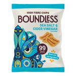 Photo shows an open carton holding 24 slim 23g packets of Boundless Sea Salt & Cider Vinegar chips. Each green-and-silver bag features the brand logo and sea imagery. A few ridged crisps lie scattered in front on a plain white background.