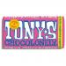 A rectangular white and pink wrapper shows bold Tony's Chocolonely logo across the center. Raspberry illustrations, scattered red dots and popping candy graphics decorate the face. Weight text and nutritional icons appear in small print near the bar's edge. A subtle foil shine crosses the wrapper...