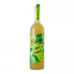 Six tall glass bottles stand upright in a neat cluster, each holding pale green cordial. Labels show the Belvoir Fruit Farms logo, lime illustrations and green accents. Metal caps glint; condensation dots the glass. A simple cardboard carrier frames the group. Soft studio lighting adds soft shadows.