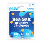 A rectangular retail box holds twelve slim 35g packets of Brave Roasted Chickpeas Sea Salt. Bright, modern packaging features the bold BRAVE logo, a close-up of roasted chickpeas with sea salt crystals, and blue-and-gold color accents alongside small icons and text.
