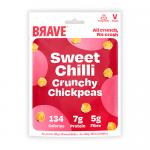 An open display box holds twelve 35g Brave Roasted Chickpeas Sweet Chilli packets. Each bright red-orange sachet features the Brave wordmark, prominent 'Sweet Chilli' label, a detailed photo of roasted chickpeas sprinkled with chilli flakes, and small icons and nutrition text along the base. box top