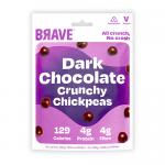 Image shows a rectangular 12-pack carton of Brave Roasted Chickpeas Dark Chocolate (30g). The front features a bold BRAVE logo, the product name, a close-up of glossy dark chocolate chunks mingled with toasted chickpeas, icons for weight and nutrition on a white backdrop. Soft shadow grounds the box