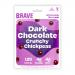Image shows a rectangular 12-pack carton of Brave Roasted Chickpeas Dark Chocolate (30g). The front features a bold BRAVE logo, the product name, a close-up of glossy dark chocolate chunks mingled with toasted chickpeas, icons for weight and nutrition on a white backdrop. Soft shadow grounds the box
