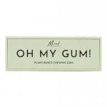 Several slim, rectangular mint packs sit in a neat row, each bright teal-green with a bold white OH MY GUM! logo and a stylized mint leaf. The glossy wrappers catch light, casting soft shadows on a white surface; small text notes '19g' on each compact pack. Metallic edges gleam; embossed lettering.