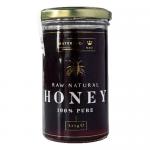 A lineup of six clear glass jars labeled Maters & Co Raw Oak Honey, each revealing golden-amber honey. White lids and beige labels with simple black text create a rustic look. Jars sit close together on a pale surface with soft, neutral lighting.