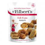 The photo shows a 40g Mr Filbert's Chilli & Lime Peanuts pouch from the Fruit, Nuts & Seeds line. Bright red and green packaging features the Mr Filbert's logo, illustrated chillies and lime wedges, a photo of roasted peanuts, and ingredient/nutrition text on the back.
