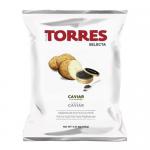 A glossy black bag stands upright, emblazoned with gold lettering reading Torres Caviar Crisps. An image of thin ridged potato crisps and a small caviar tin sits central, while subtle oceanic motifs and elegant accents wrap the packaging. Net weight text appears below. Fine wave patterns add textures.