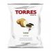 A glossy black bag stands upright, emblazoned with gold lettering reading Torres Caviar Crisps. An image of thin ridged potato crisps and a small caviar tin sits central, while subtle oceanic motifs and elegant accents wrap the packaging. Net weight text appears below. Fine wave patterns add textures.