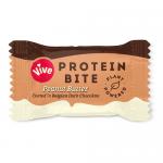 A rectangular box of Vive Chocolate Minis Peanut Butter shows 20 individually wrapped 20g pieces. The pack features glossy chocolate-coated minis with a peanut-butter swirl illustration, green Vive Healthier Snacks & Bars branding, ingredient icons and bold peanut imagery on a clean white background.