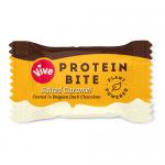 A glossy rectangular box labeled Vive Chocolate Minis Salted Caramel sits center, displaying individually wrapped 20g bars. Warm brown and caramel tones dominate; images show broken chocolate squares with salted caramel oozing, the Vive logo and small text and icons on the front.