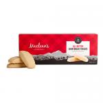 Flat, rectangular pack shows Maclean's Highland Bakery logo above a clear window revealing twelve golden shortbread fingers arranged in neat rows. Each biscuit exhibits crumbly edges, fine sandy texture and pale buttery color. White and tartan packaging frames the contents. Soft shadows accent grain.