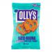 A neat display of ten slim 35g packs of Olly's Pretzel Thins in Original Salted flavor. Each packet shows the Olly's logo, a close-up of a single thin, golden-brown pretzel and scattered salt crystals against a pale beige and teal background, with packs arranged in a tidy stack. Gloss, soft shadows.
