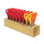 This picture includes a set of 32 Westcott scissors with a stand. Each pair has a bright handle and sharp blades, designed for easy cutting. Perfect for classrooms or home use, providing plenty of scissors for children to use.
