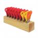This picture includes a set of 32 Westcott scissors with a stand. Each pair has a bright handle and sharp blades, designed for easy cutting. Perfect for classrooms or home use, providing plenty of scissors for children to use.
