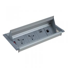 Aero flip top in-table power module x UK sockets, 1 x RJ45 socket, 1 x twin USB fast charge - greysilver APD2PINF/1S/1D/1T-K