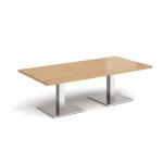 Brescia rectangular coffee table with flat square brushed steel bases 1600mm x 800mm - oak BCR1600-BS-O