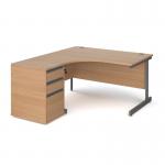 Contract 25 1400mm LH ergonomic desk with graphite cantilever leg and 600mm 3 drawer desk high pedestal - beech