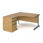 Contract 25 1400mm LH ergonomic desk with graphite cantilever leg and 600mm 3 drawer desk high pedestal - oak