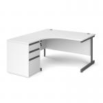 Contract 25 1400mm LH ergonomic desk with graphite cantilever leg and 600mm 3 drawer desk high pedestal - white