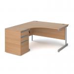 Contract 25 1400mm LH ergonomic desk with silver cantilever leg and 600mm 3 drawer desk high pedestal - beech
