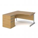 Contract 25 1400mm LH ergonomic desk with silver cantilever leg and 600mm 3 drawer desk high pedestal - oak