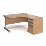 Contract 25 1400mm RH ergonomic desk with graphite cantilever leg and 600mm 3 drawer desk high pedestal - beech