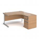 Contract 25 1400mm RH ergonomic desk with silver cantilever leg and 600mm 3 drawer desk high pedestal - beech