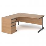 Contract 25 1600mm LH ergonomic desk with graphite cantilever leg and 600mm 3 drawer desk high pedestal - beech