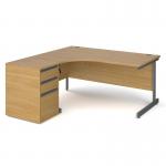 Contract 25 1600mm LH ergonomic desk with graphite cantilever leg and 600mm 3 drawer desk high pedestal - oak