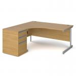 Contract 25 1600mm LH ergonomic desk with silver cantilever leg and 600mm 3 drawer desk high pedestal - oak