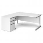 Contract 25 1600mm LH ergonomic desk with silver cantilever leg and 600mm 3 drawer desk high pedestal - white