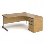 Contract 25 1600mm RH ergonomic desk with graphite cantilever leg and 600mm 3 drawer desk high pedestal - oak