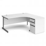 Contract 25 1600mm RH ergonomic desk with graphite cantilever leg and 600mm 3 drawer desk high pedestal - white