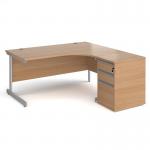 Contract 25 1600mm RH ergonomic desk with silver cantilever leg and 600mm 3 drawer desk high pedestal - beech
