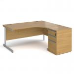 Contract 25 1600mm RH ergonomic desk with silver cantilever leg and 600mm 3 drawer desk high pedestal - oak