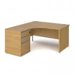 Contract 25 1400mm LH ergonomic desk with panel end legs and 600mm 3 drawer desk high pedestal with silver handles - oak